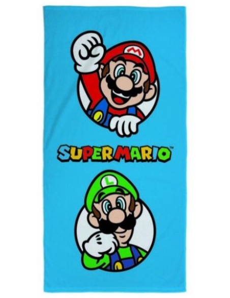 Toalla de playa infantil azul de Super Mario y Luigi en microfibra 140x70 cm oficial Nintendo