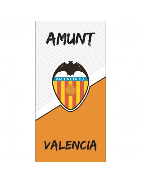 Toalla de microfibra del Valencia C.F. con el escudo, la palabra AMUNT y tonos blanco y naranja
