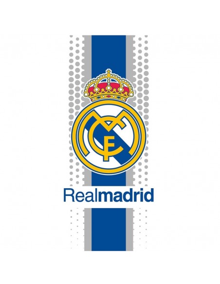Toalla de microfibra del Real Madrid blanca con franja azul y el escudo oficial central