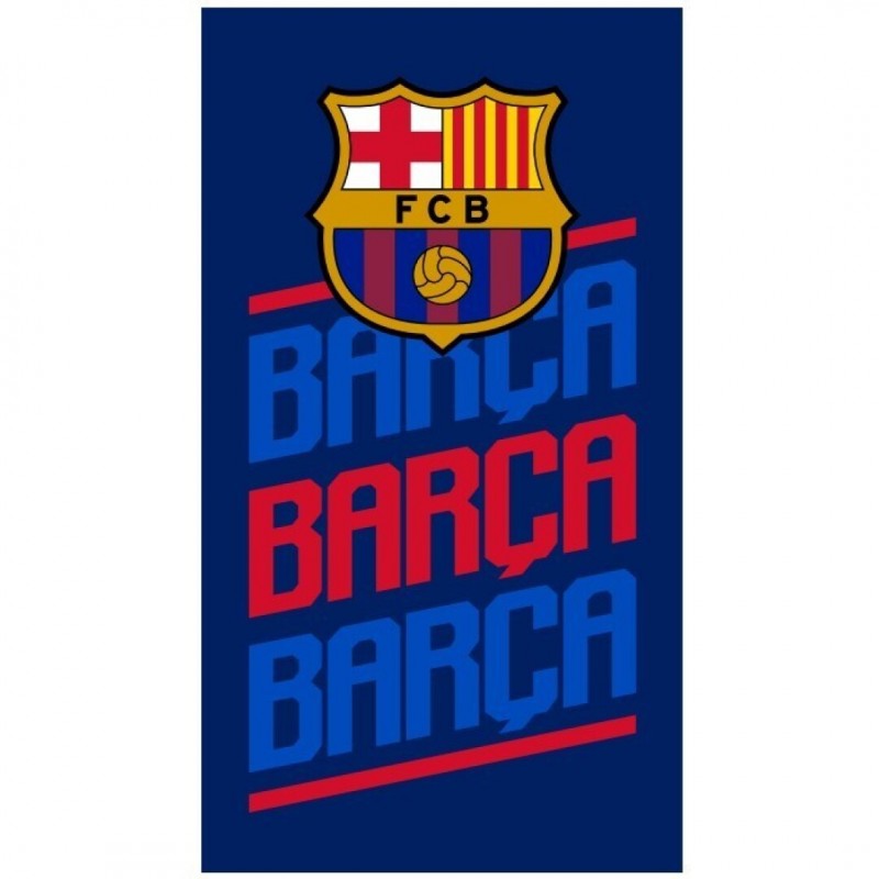 Toalla de microfibra azul del F.C. Barcelona con escudo oficial y texto BARÇA en azul y grana 140x70 cm