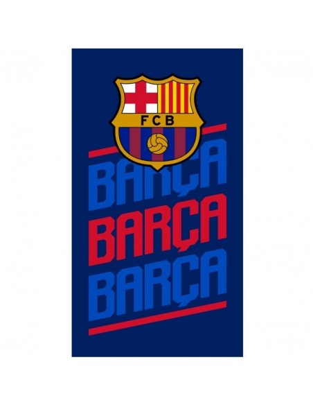 Toalla de microfibra azul del F.C. Barcelona con escudo oficial y texto BARÇA en azul y grana 140x70 cm