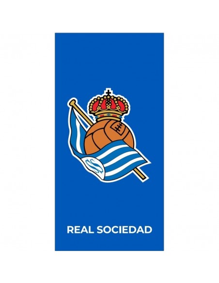 Toalla de microfibra azul de la Real Sociedad con escudo oficial y texto Real Sociedad 140x70 cm