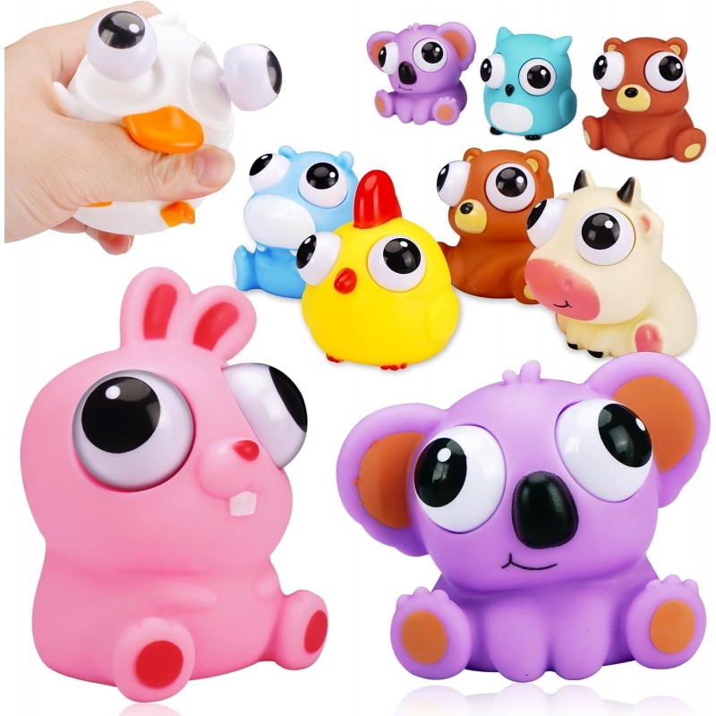 Conjunto de muñecos antiestrés de colores con ojos grandes de conejo, koala y pollito.
