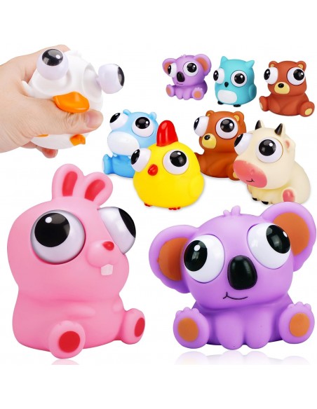 Conjunto de muñecos antiestrés de colores con ojos grandes de conejo, koala y pollito.