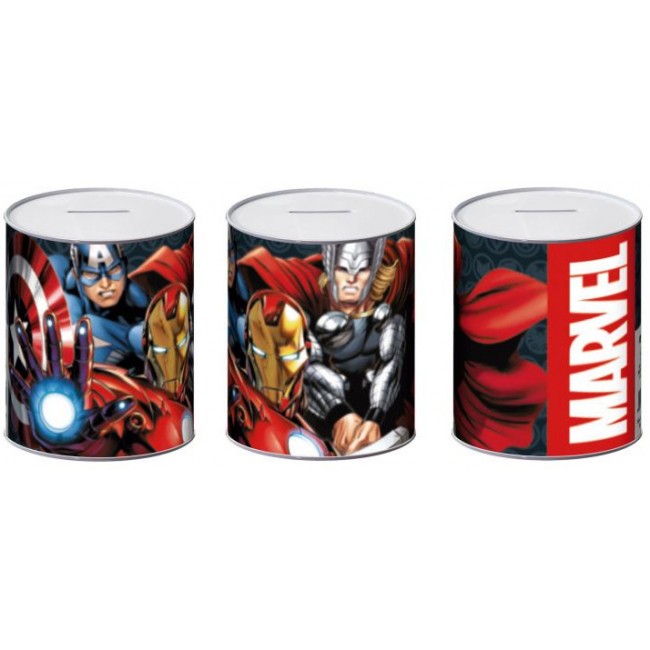 Hucha metálica infantil de Los Vengadores Marvel con imágenes de Iron Man, Capitán América y Thor.