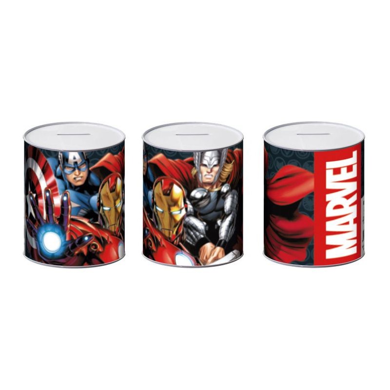 Hucha metálica infantil de Los Vengadores Marvel con imágenes de Iron Man, Capitán América y Thor.