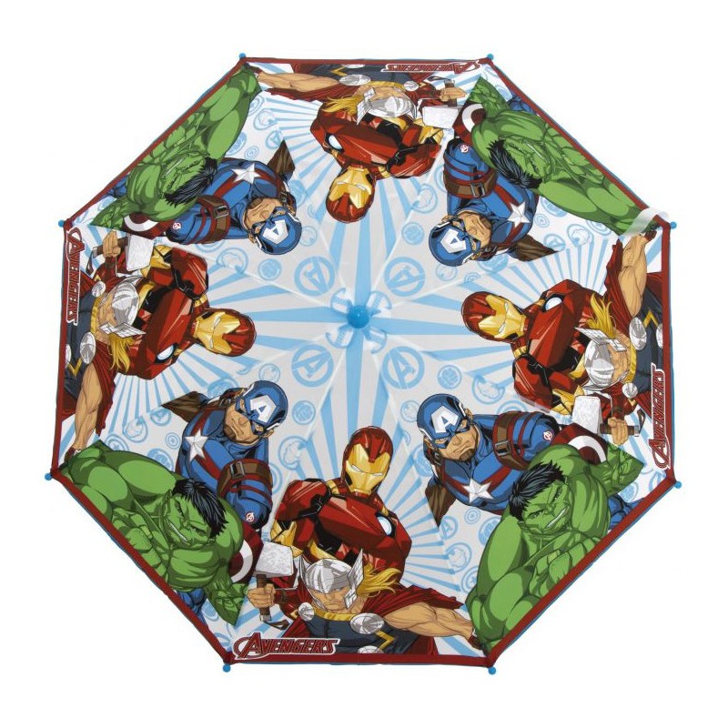 Vista superior cúpula del paraguas transparente Marvel con estampado de Los Vengadores.