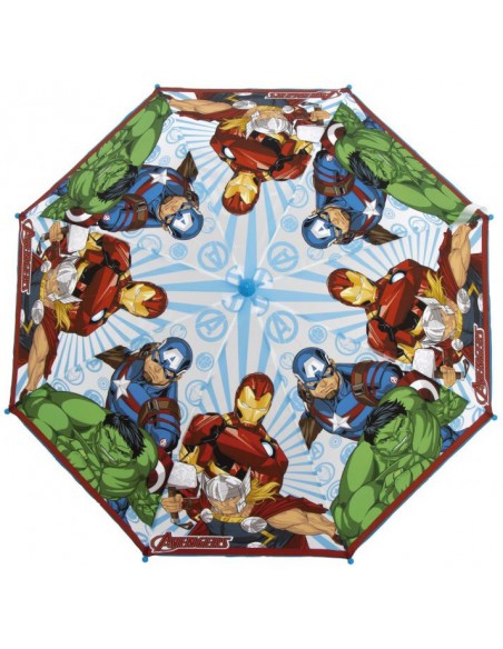 Vista superior cúpula del paraguas transparente Marvel con estampado de Los Vengadores.