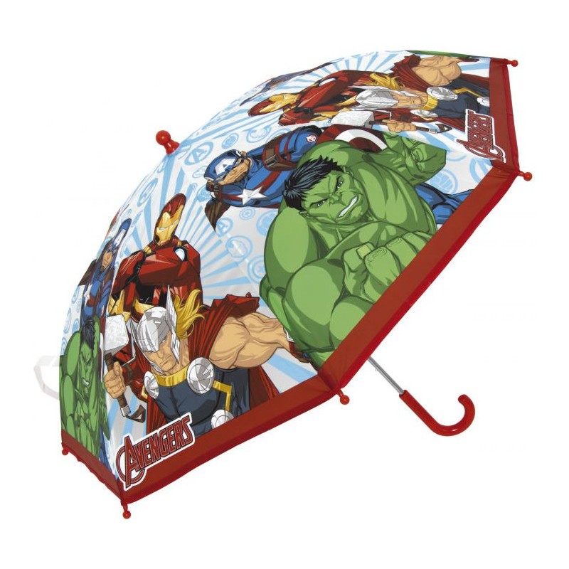Paraguas transparente de Los Vengadores desplegado con mango rojo mostrando a Hulk y Thor.