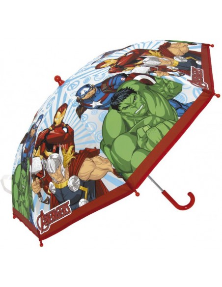 Paraguas transparente de Los Vengadores desplegado con mango rojo mostrando a Hulk y Thor.