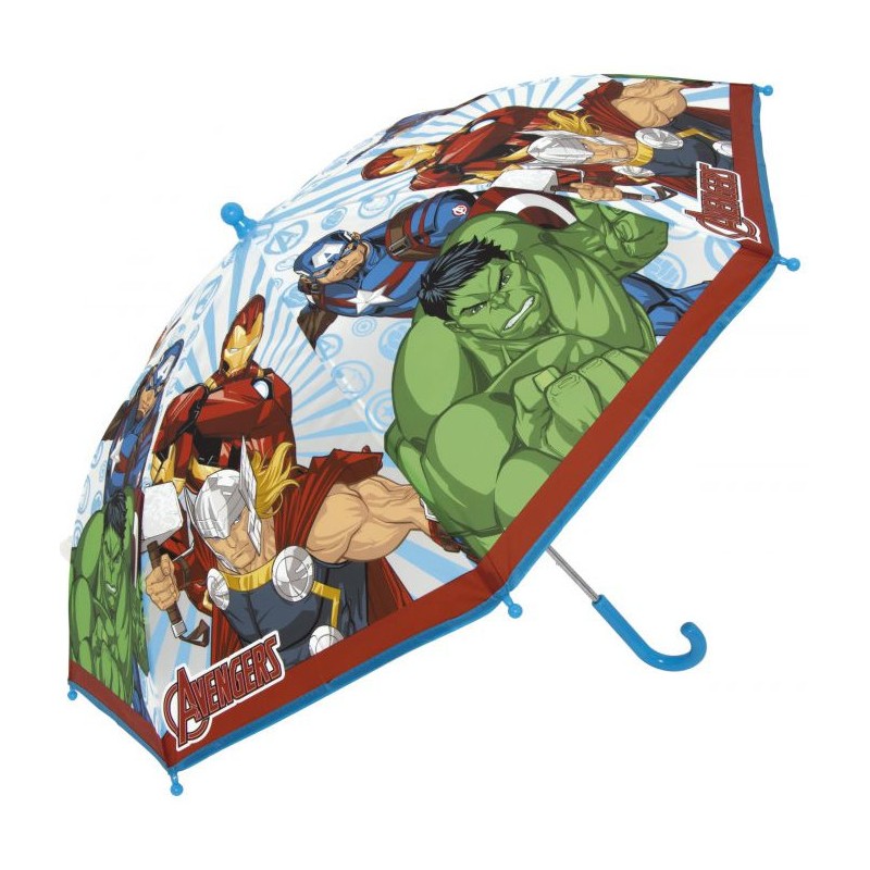 Paraguas transparente de Los Vengadores desplegado con mango azul mostrando a Hulk y Thor.