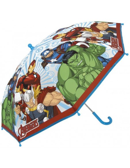 Paraguas transparente de Los Vengadores desplegado con mango azul mostrando a Hulk y Thor.