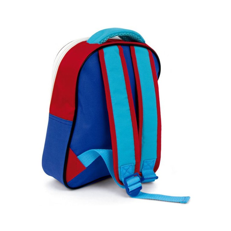 Vista trasera inclinada de la mochila infantil de Los Vengadores mostrando los ajustes de las correas.
