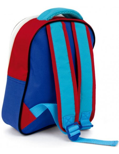 Vista trasera inclinada de la mochila infantil de Los Vengadores mostrando los ajustes de las correas.