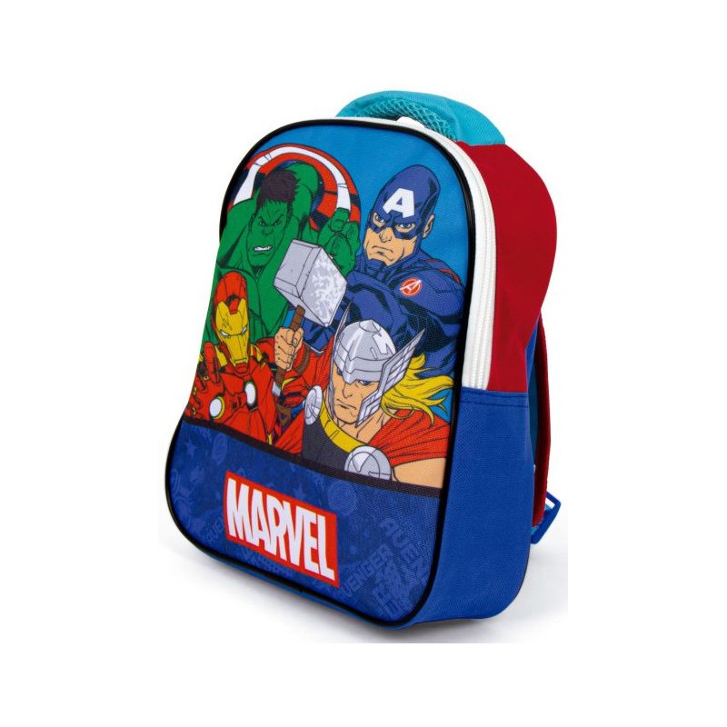 Vista lateral derecha de la mochila escolar de Los Vengadores Marvel en colores azul y rojo.
