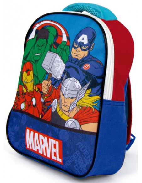 Vista lateral derecha de la mochila escolar de Los Vengadores Marvel en colores azul y rojo.