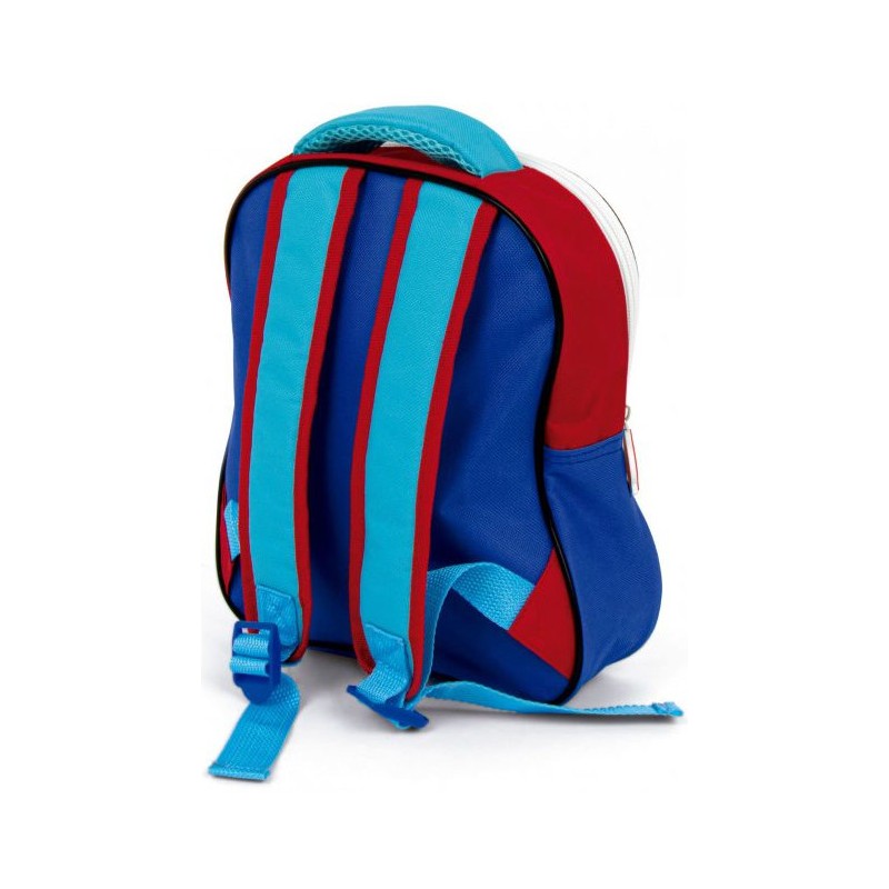 Parte trasera de la mochila infantil Marvel con tirantes regulables azul turquesa y asa superior mullida.