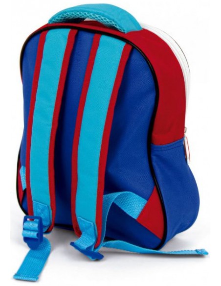 Parte trasera de la mochila infantil Marvel con tirantes regulables azul turquesa y asa superior mullida.