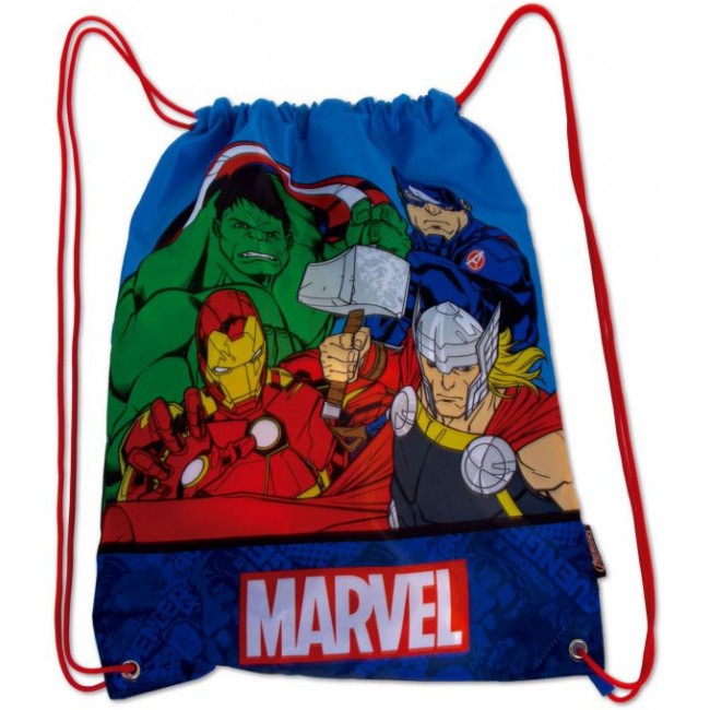Mochila saco de cuerdas de Los Vengadores fruncida lista para llevar como mochila de espalda.
