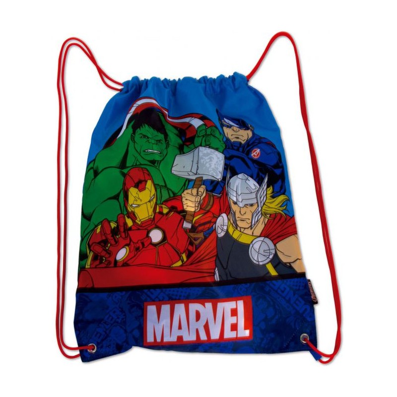 Mochila saco de cuerdas de Los Vengadores fruncida lista para llevar como mochila de espalda.