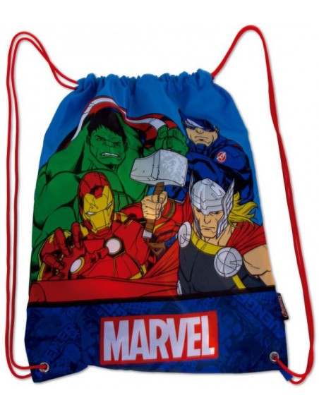 Mochila saco de cuerdas de Los Vengadores fruncida lista para llevar como mochila de espalda.