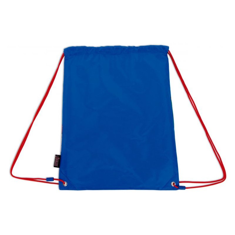 Parte trasera en azul liso de la mochila saco de cuerdas de Los Vengadores Marvel con cordones rojos.