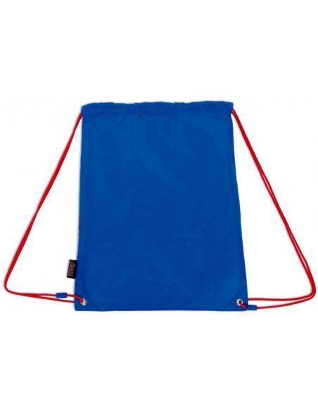 Parte trasera en azul liso de la mochila saco de cuerdas de Los Vengadores Marvel con cordones rojos.