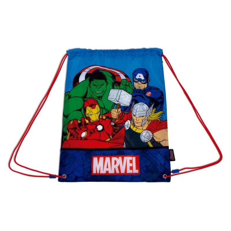 Mochila saco de cuerdas azul de Los Vengadores Marvel con Hulk, Iron Man, Capitán América y Thor.