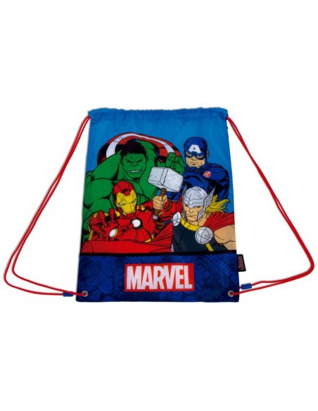 Mochila saco de cuerdas azul de Los Vengadores Marvel con Hulk, Iron Man, Capitán América y Thor.