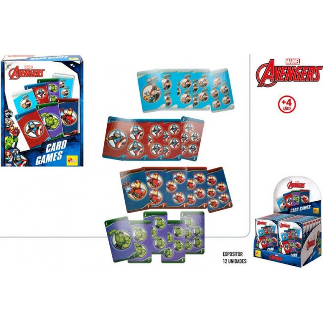 Caja del juego de cartas infantil de Los Vengadores Marvel con imágenes de las barajas. 2