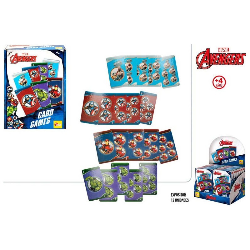 Juego de cartas infantil de Los Vengadores Marvel con barajas numéricas de Hulk, Iron Man y Capitán América.