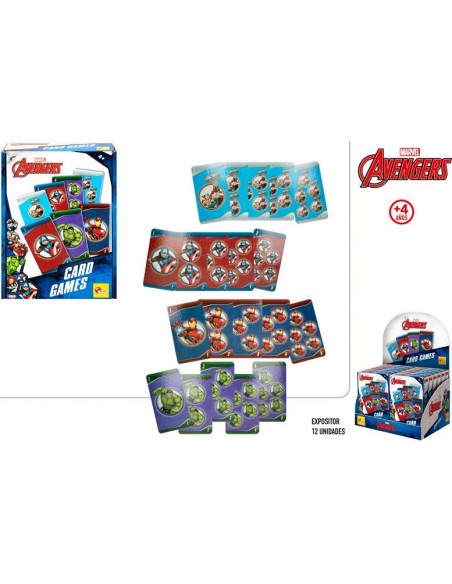 Juego de cartas infantil de Los Vengadores Marvel con barajas numéricas de Hulk, Iron Man y Capitán América.