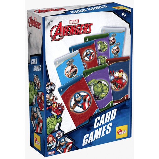 Caja del juego de cartas infantil de Los Vengadores Marvel con imágenes de las barajas.
