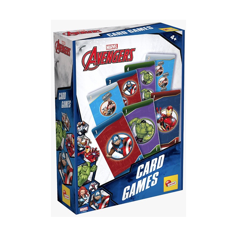 Caja del juego de cartas infantil de Los Vengadores Marvel con imágenes de las barajas.
