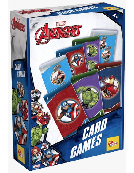 Caja del juego de cartas infantil de Los Vengadores Marvel con imágenes de las barajas.