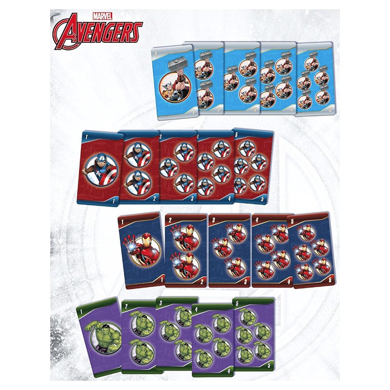 Baraja completa numerada del juego de cartas de Los Vengadores dividida por colores y superhéroes.