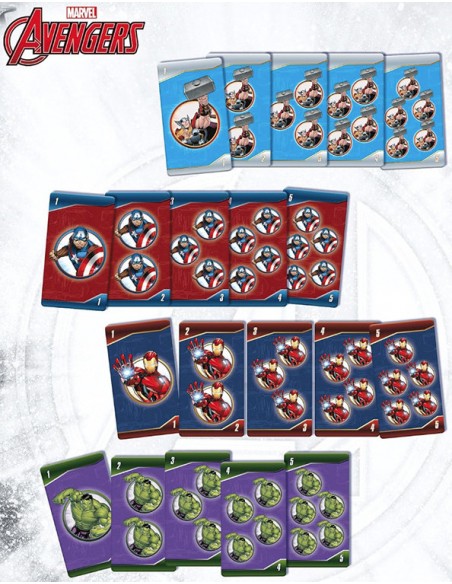 Baraja completa numerada del juego de cartas de Los Vengadores dividida por colores y superhéroes.