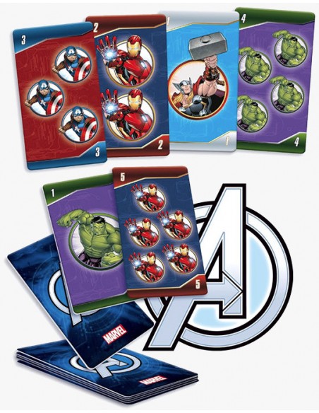 Muestra de naipes infantiles de Los Vengadores con imágenes de Hulk, Iron Man, Capitán América y Thor.