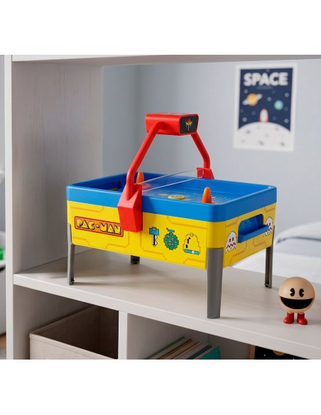 Juego de hockey de aire de sobremesa con diseño oficial de Pac-Man, patas grises y porterías naranjas.