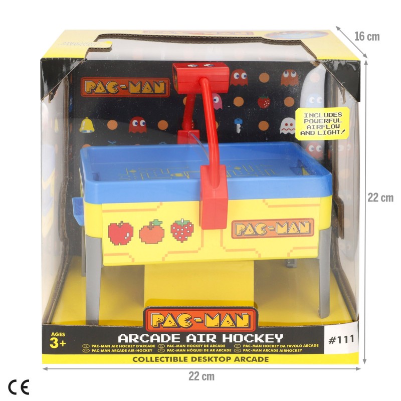 Caja de presentación del juego de mesa air hockey Pac-Man con medidas de empaque de 22x16x22 cm.