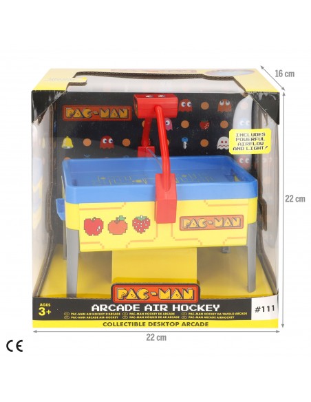 Caja de presentación del juego de mesa air hockey Pac-Man con medidas de empaque de 22x16x22 cm.