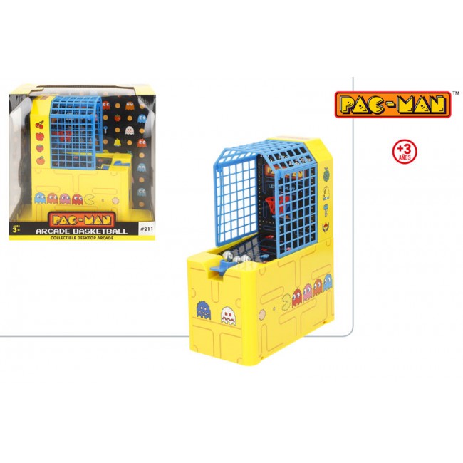 Minicanasta de baloncesto de mesa de Pac-Man Arcade con lanzador de bolas y caja de presentación.