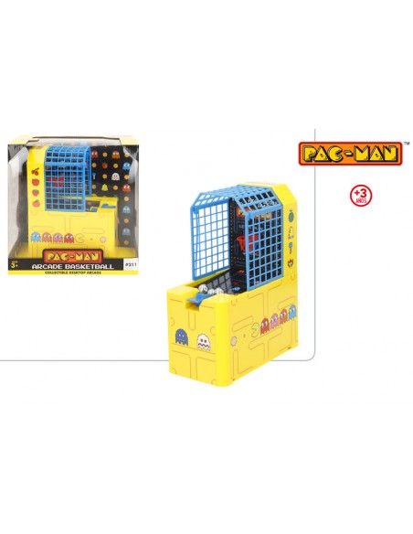 Minicanasta de baloncesto de mesa de Pac-Man Arcade con lanzador de bolas y caja de presentación.