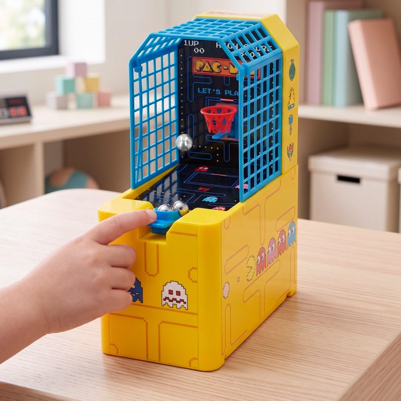 Mano de un niño pulsando el lanzador del juego de baloncesto de mesa Pac-Man Arcade sobre un escritorio.
