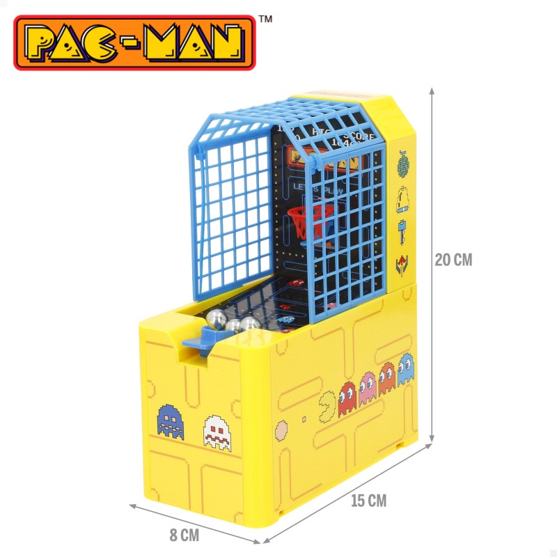 Medidas y dimensiones del juego de baloncesto de mesa Pac-Man Arcade: 20 cm de alto, 15 cm de largo y 8 cm de ancho.