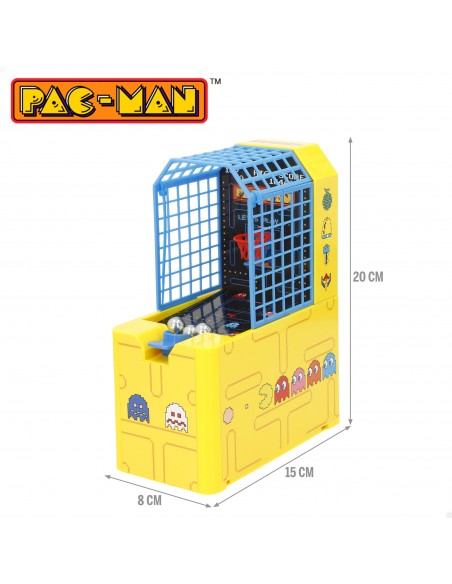 Medidas y dimensiones del juego de baloncesto de mesa Pac-Man Arcade: 20 cm de alto, 15 cm de largo y 8 cm de ancho.