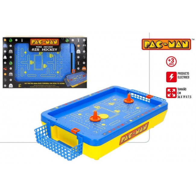 Juego de Air Hockey de mesa eléctrico Pac-Man Mini Arcade de 36 cm con porterías, empujadores y caja de presentación.