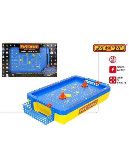 Juego de Air Hockey de mesa eléctrico Pac-Man Mini Arcade de 36 cm con porterías, empujadores y caja de presentación.