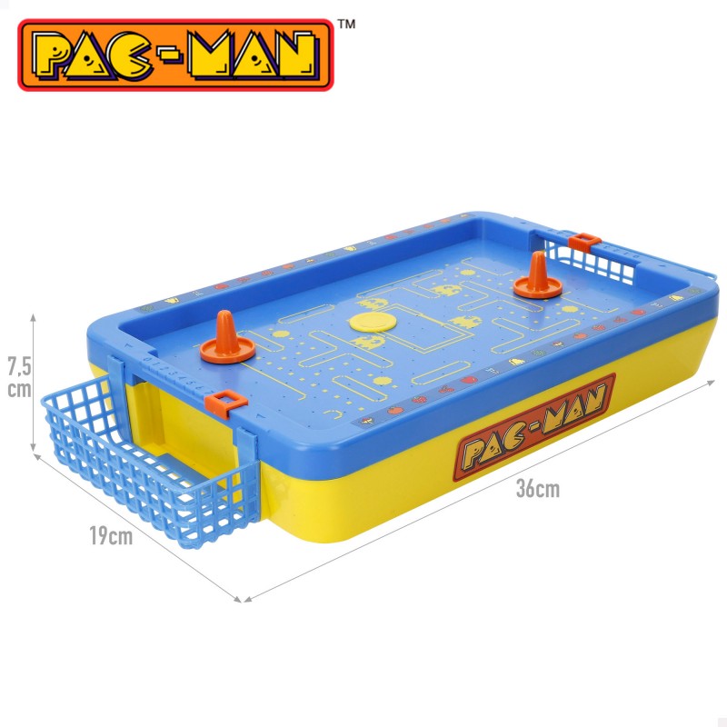 Medidas y dimensiones del juego de Air Hockey de mesa Pac-Man Mini Arcade: 36 cm de largo, 19 cm de ancho y 7,5 cm de alto.