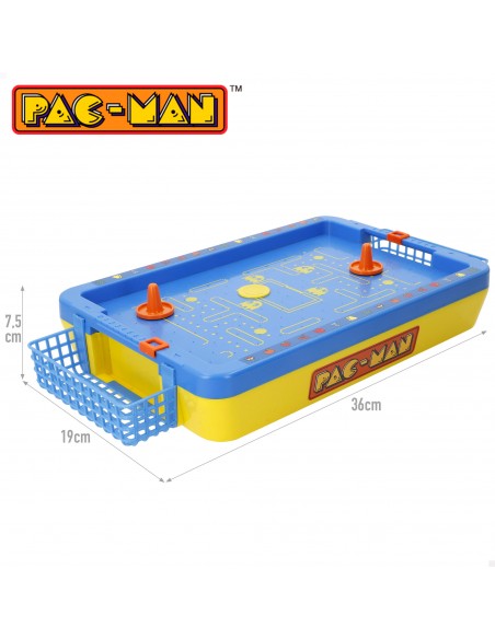 Medidas y dimensiones del juego de Air Hockey de mesa Pac-Man Mini Arcade: 36 cm de largo, 19 cm de ancho y 7,5 cm de alto.